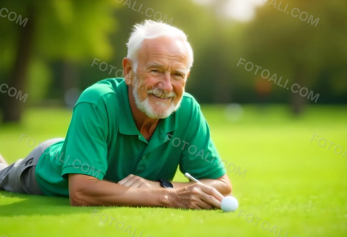 An Elderly Caucasian Man With Short Gray Hair And Glasses Wearing A Green Polo Shirt Lying On A Grassy Field And Smiling During The Day 7 B5a0