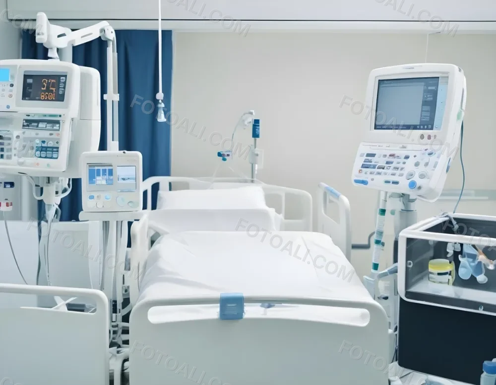An Empty Hospital Bed With Medical Equipment Attached To It The Background Is A Hospital Room 1 E850
