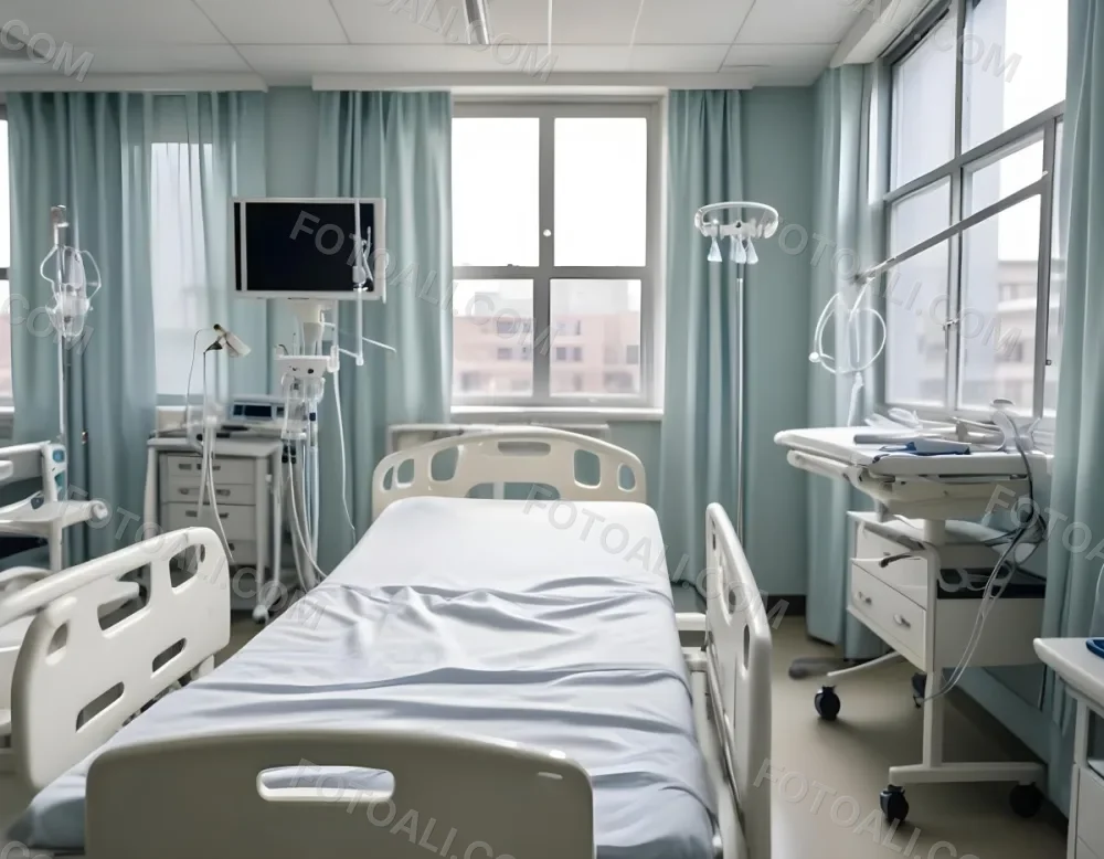 An Empty Hospital Bed With Medical Equipment Attached To It The Background Is A Hospital Room 11 59a7