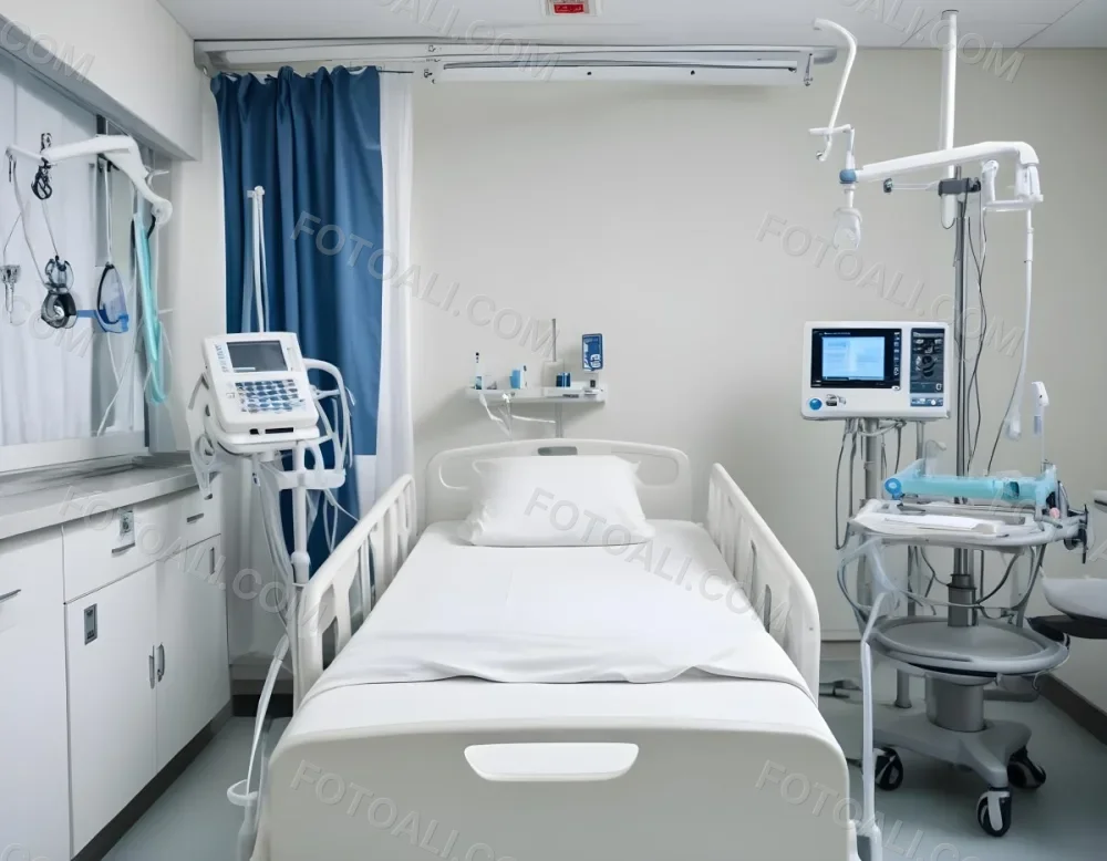 An Empty Hospital Bed With Medical Equipment Attached To It The Background Is A Hospital Room 2 149b