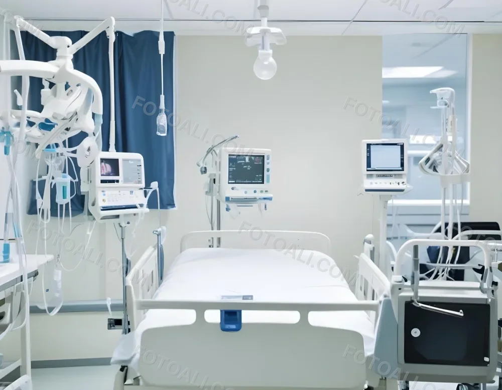 An Empty Hospital Bed With Medical Equipment Attached To It The Background Is A Hospital Room 3 E418