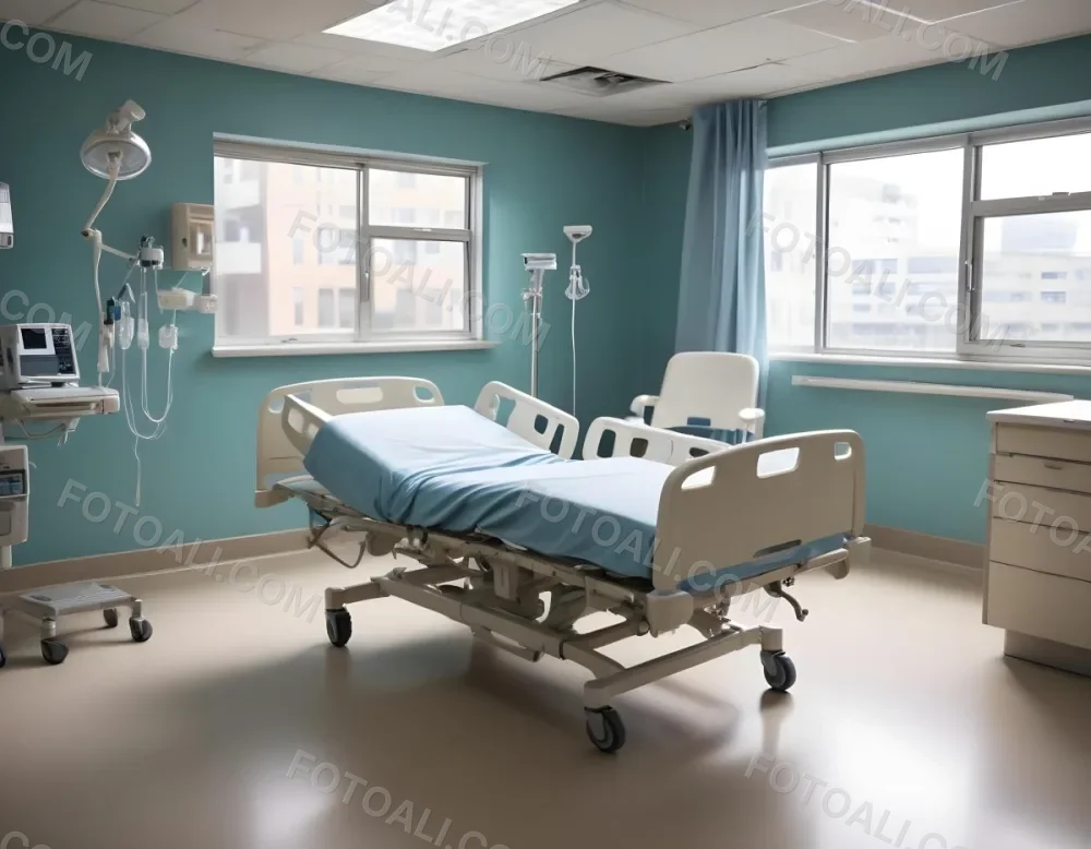 An Empty Hospital Bed With Medical Equipment Attached To It The Background Is A Hospital Room 5 7fc8