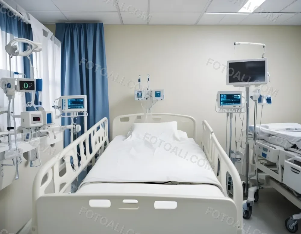 An Empty Hospital Bed With Medical Equipment Attached To It The Background Is A Hospital Room 7 5a61