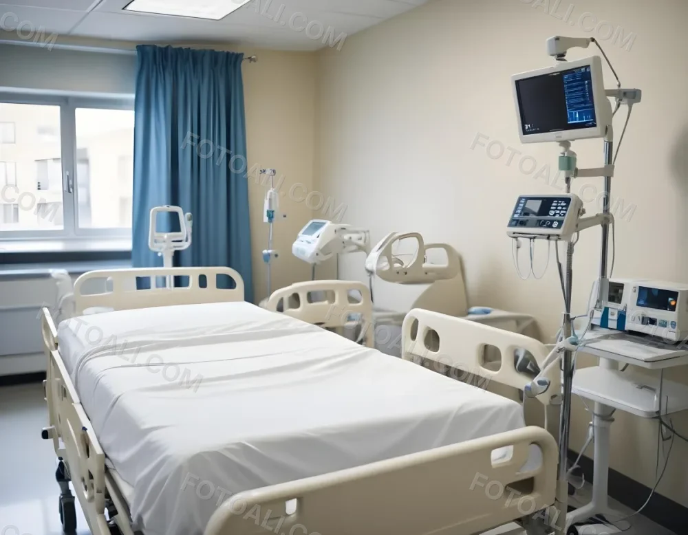 An Empty Hospital Bed With Medical Equipment Attached To It The Background Is A Hospital Room 9 1da2