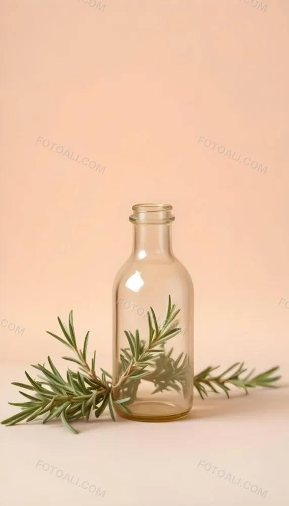 An Empty Transparent Glass Bottle With Rosemary Leaves In Front Of A Light Brown Background 10 Bbfa