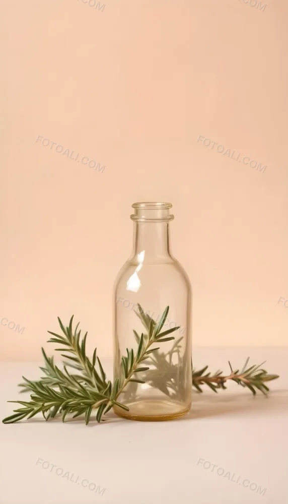 An Empty Transparent Glass Bottle With Rosemary Leaves In Front Of A Light Brown Background 12 4689