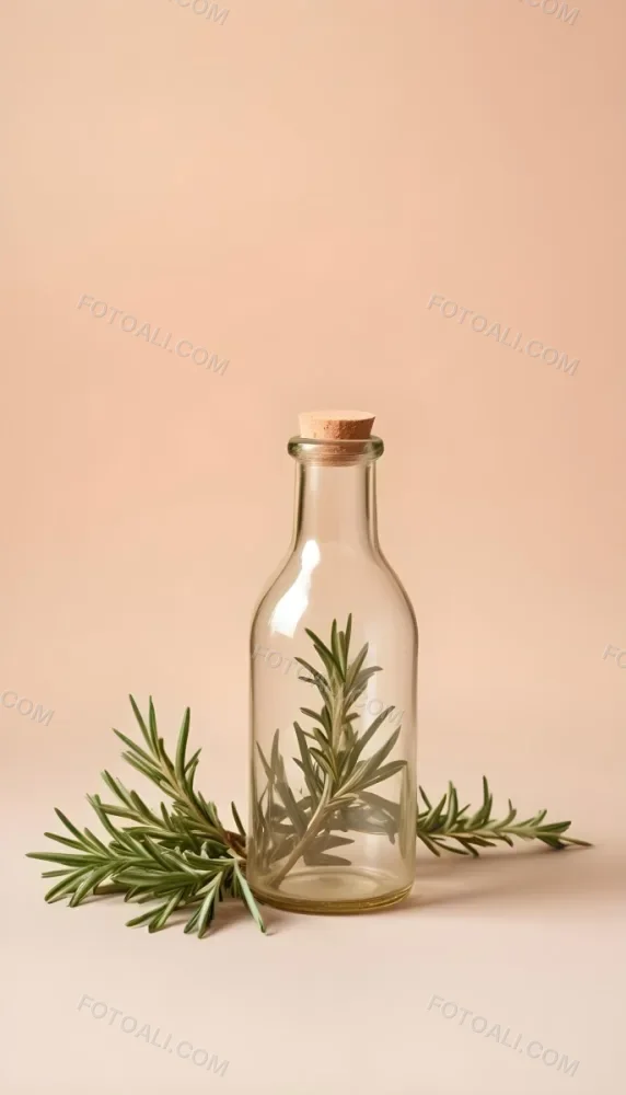 An Empty Transparent Glass Bottle With Rosemary Leaves In Front Of A Light Brown Background 14 2ccb