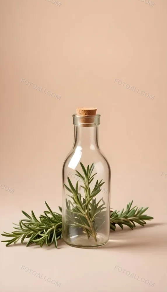 An Empty Transparent Glass Bottle With Rosemary Leaves In Front Of A Light Brown Background 15 6395