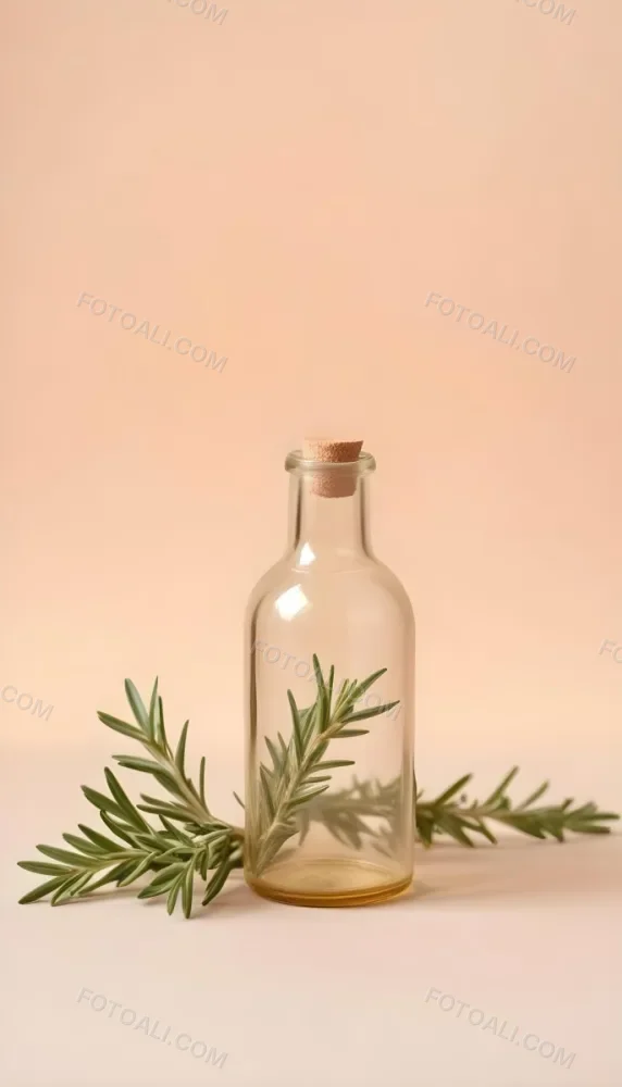 An Empty Transparent Glass Bottle With Rosemary Leaves In Front Of A Light Brown Background 18 0915