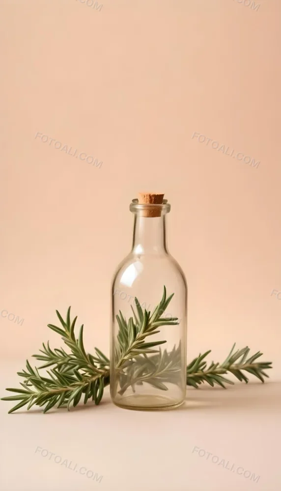 An Empty Transparent Glass Bottle With Rosemary Leaves In Front Of A Light Brown Background 2 5a8c