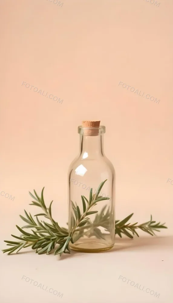 An Empty Transparent Glass Bottle With Rosemary Leaves In Front Of A Light Brown Background 20 Fbea