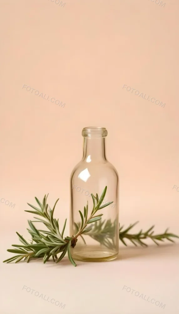 An Empty Transparent Glass Bottle With Rosemary Leaves In Front Of A Light Brown Background 21 07cb