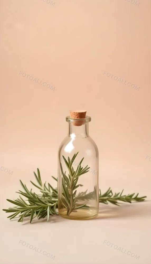 An Empty Transparent Glass Bottle With Rosemary Leaves In Front Of A Light Brown Background 22 B4a8