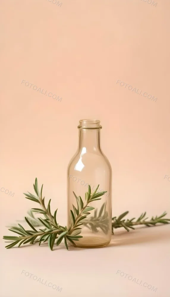 An Empty Transparent Glass Bottle With Rosemary Leaves In Front Of A Light Brown Background 23 D3a9