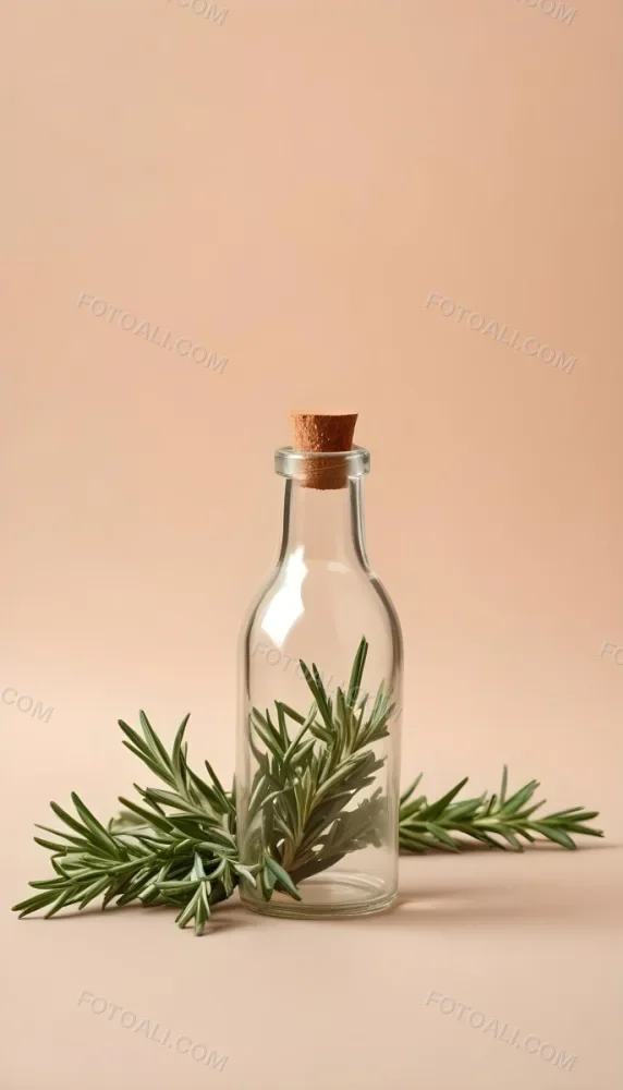 An Empty Transparent Glass Bottle With Rosemary Leaves In Front Of A Light Brown Background 24 3bcd