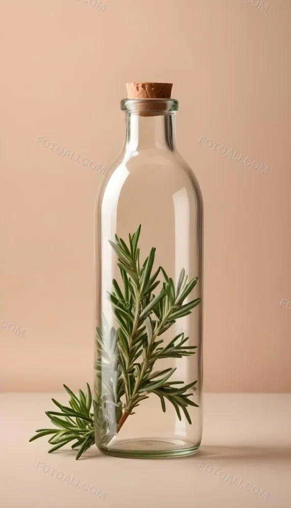 An Empty Transparent Glass Bottle With Rosemary Leaves In Front Of A Light Brown Background 5 5996