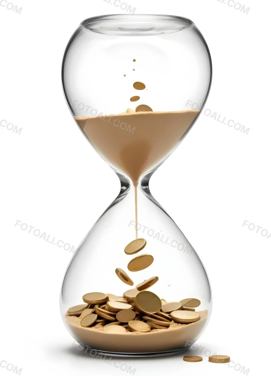 An Hourglass With Sand On The Top And Coins Falling Down To The Bottom White Background 1 8442