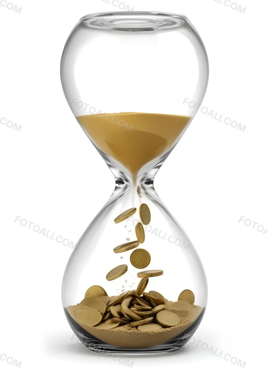 An Hourglass With Sand On The Top And Coins Falling Down To The Bottom White Background 11 9147