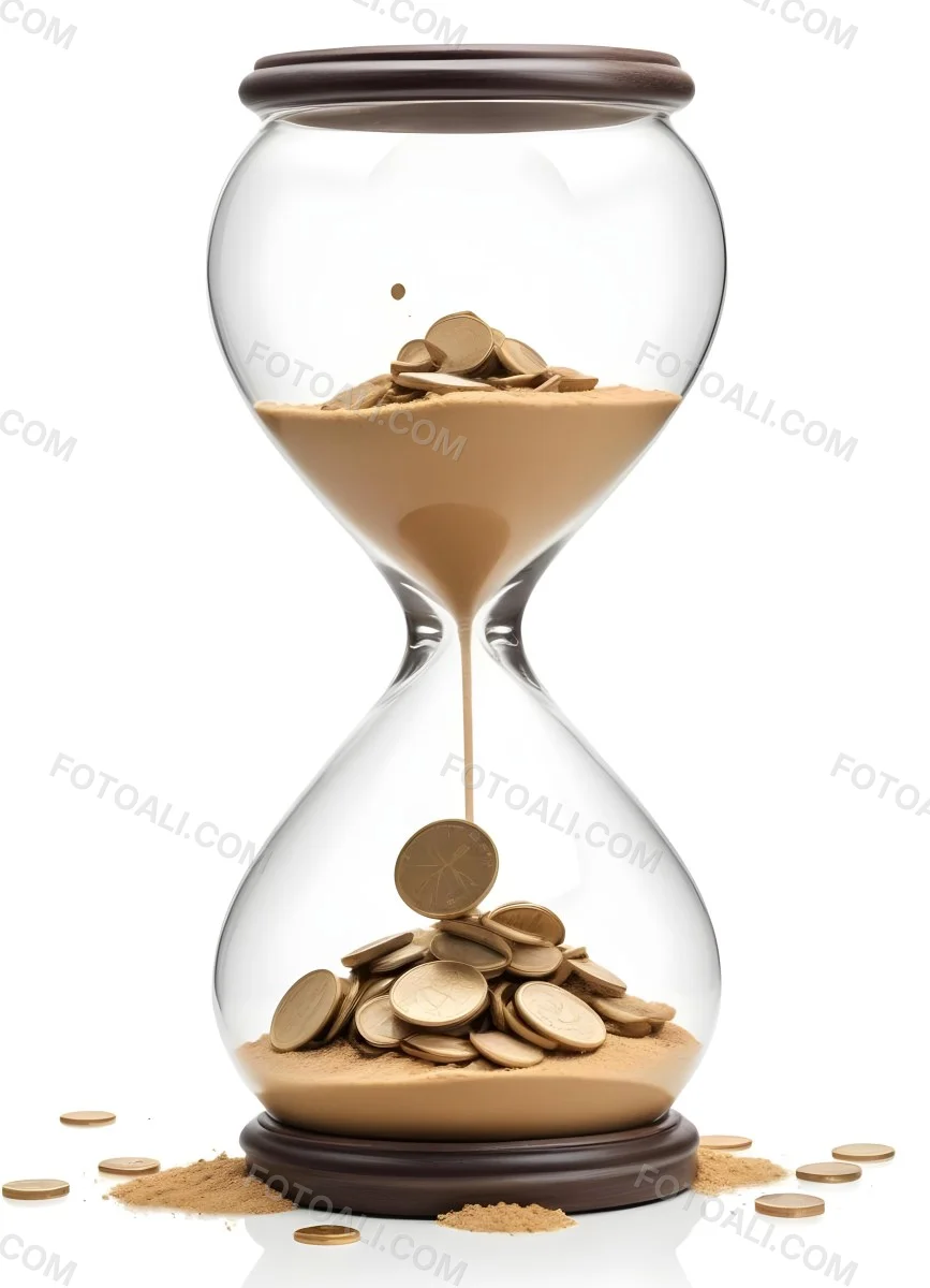 An Hourglass With Sand On The Top And Coins Falling Down To The Bottom White Background 12 7b46