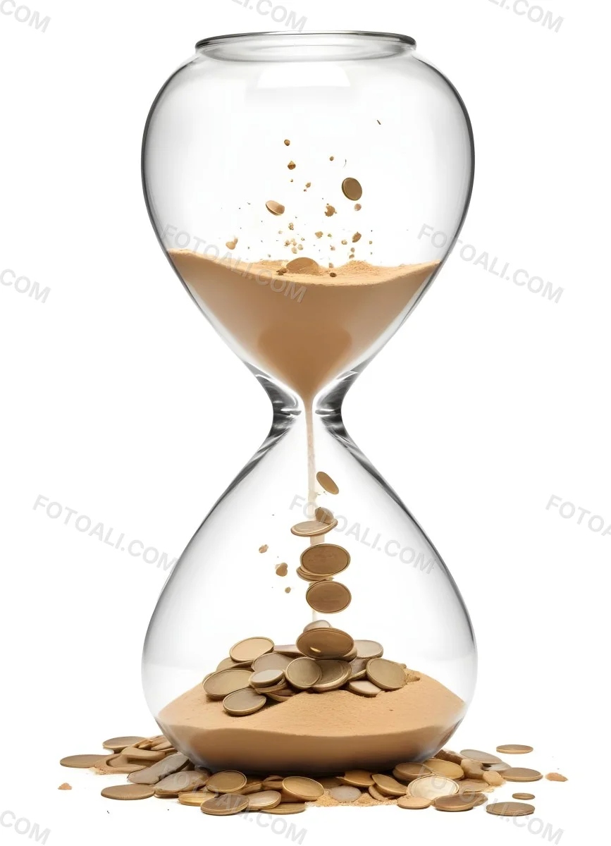 An Hourglass With Sand On The Top And Coins Falling Down To The Bottom White Background 14 5151