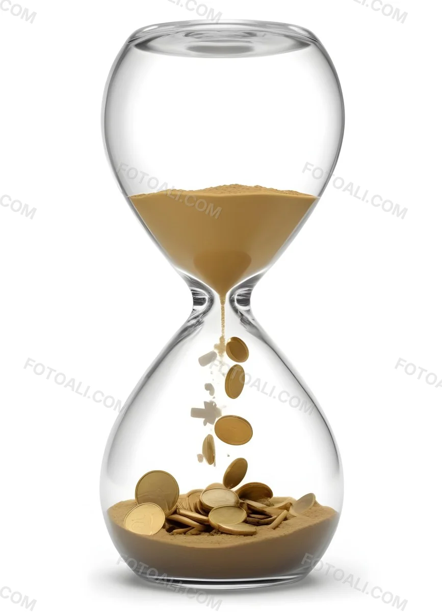 An Hourglass With Sand On The Top And Coins Falling Down To The Bottom White Background 15 3253