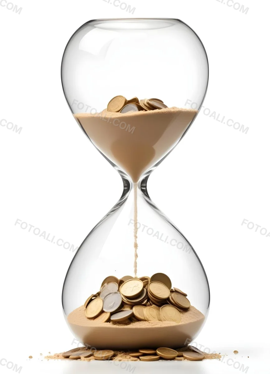 An Hourglass With Sand On The Top And Coins Falling Down To The Bottom White Background 18 2dc3