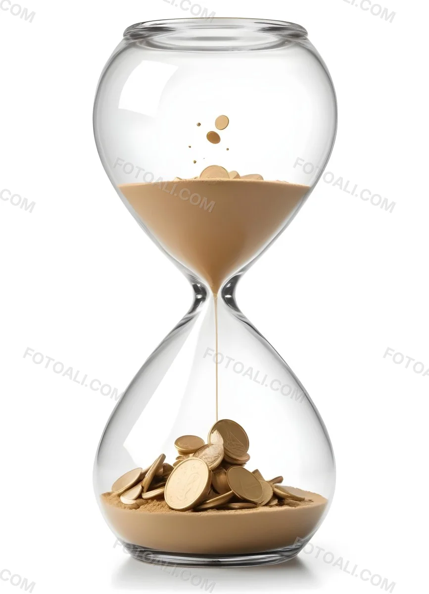 An Hourglass With Sand On The Top And Coins Falling Down To The Bottom White Background 20 155c