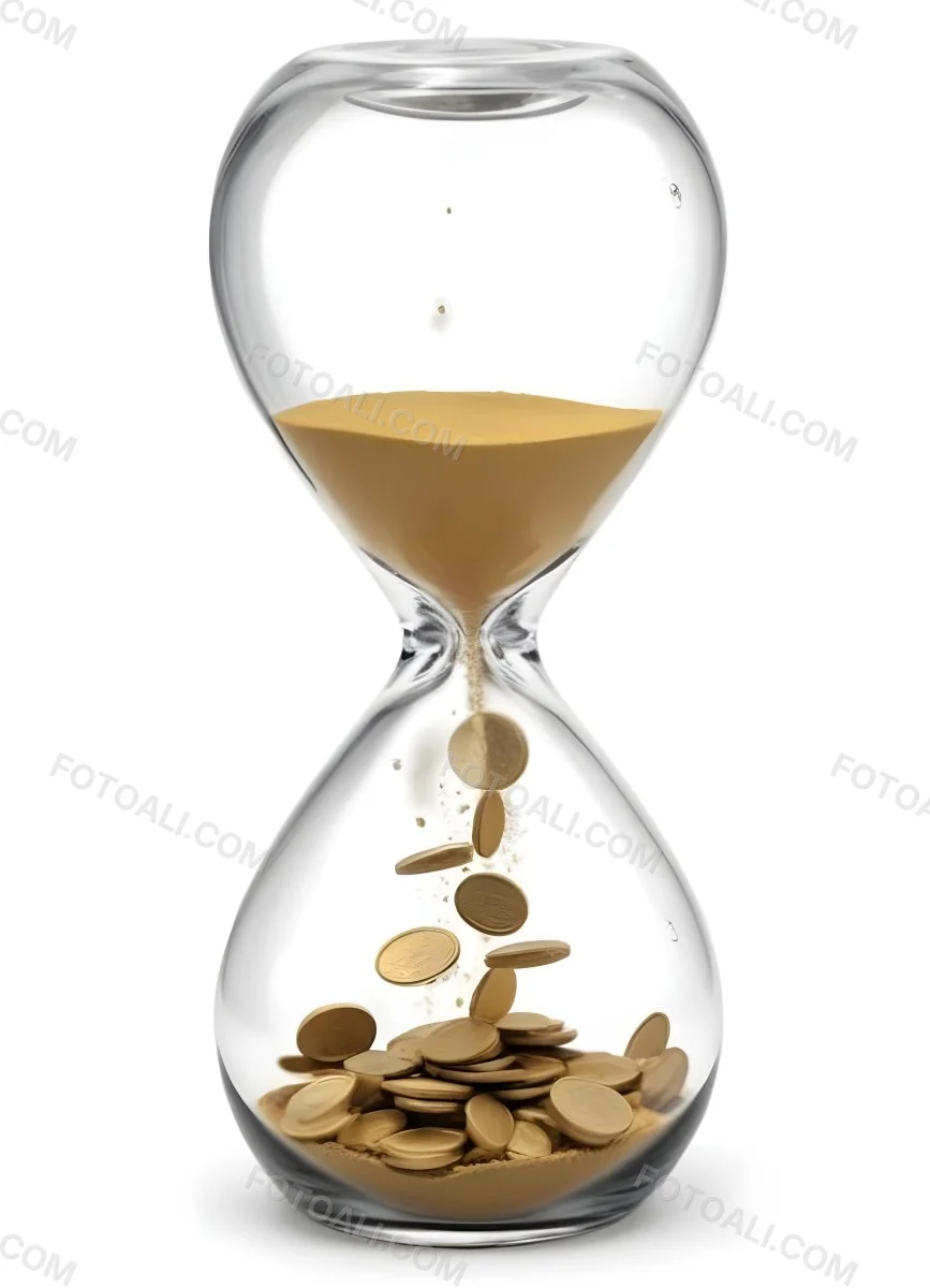 An Hourglass With Sand On The Top And Coins Falling Down To The Bottom White Background 23 C984