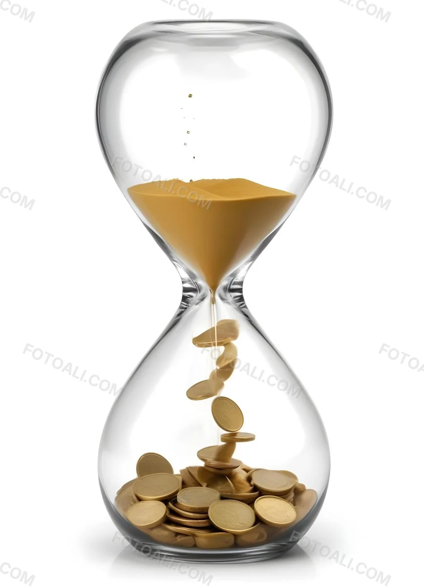An Hourglass With Sand On The Top And Coins Falling Down To The Bottom White Background 24 892a