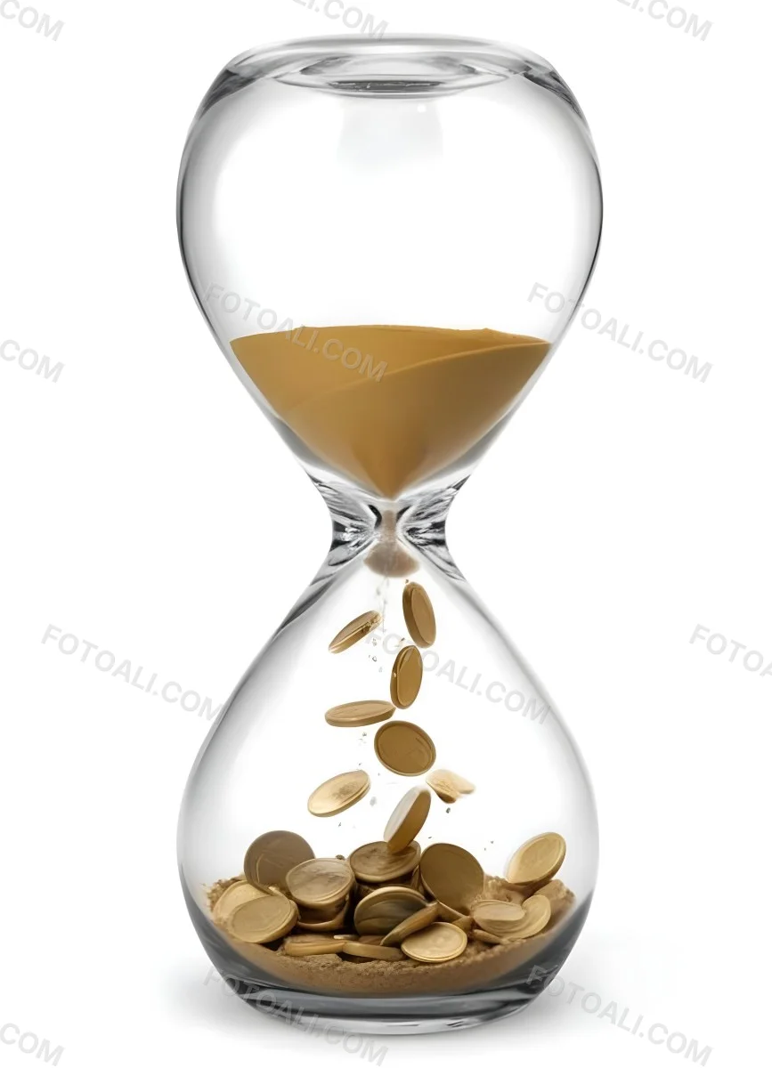 An Hourglass With Sand On The Top And Coins Falling Down To The Bottom White Background 4 Abf0