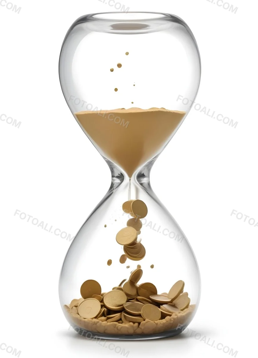 An Hourglass With Sand On The Top And Coins Falling Down To The Bottom White Background 6 1f48