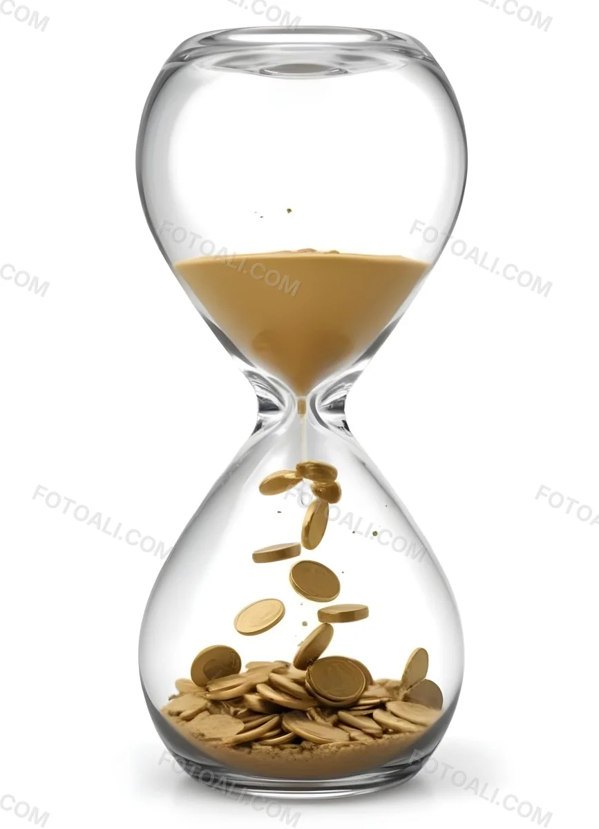 An Hourglass With Sand On The Top And Coins Falling Down To The Bottom White Background 7 8c05