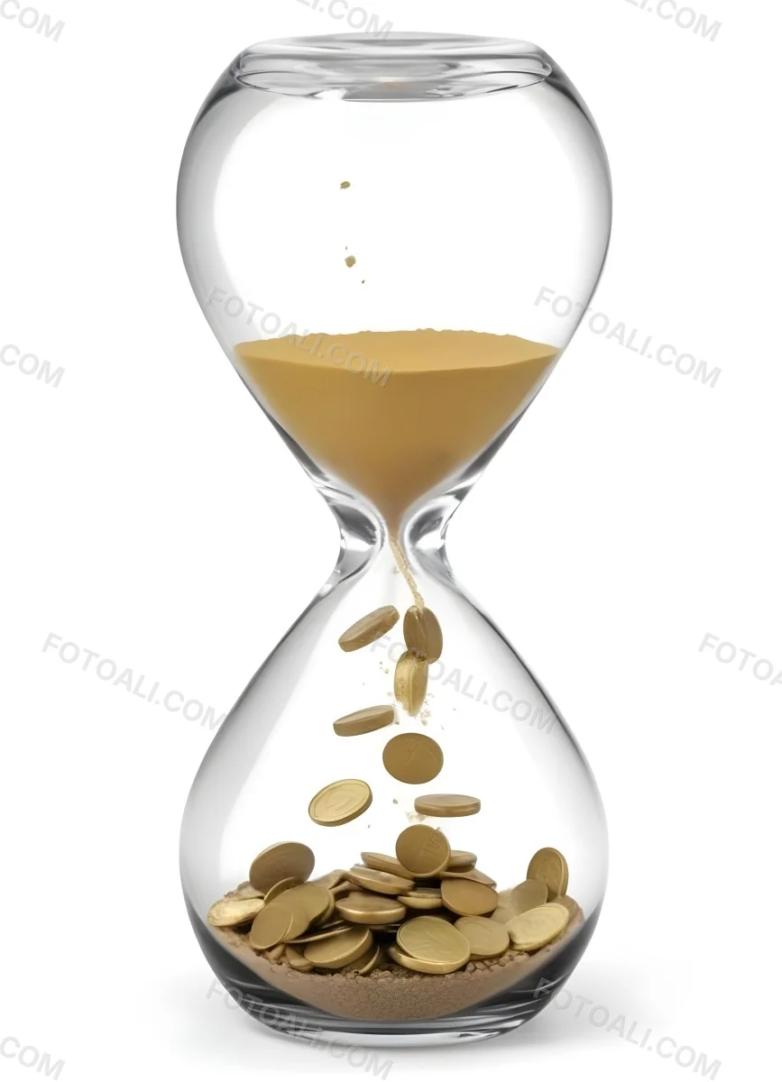 An Hourglass With Sand On The Top And Coins Falling Down To The Bottom White Background 8 E0ff