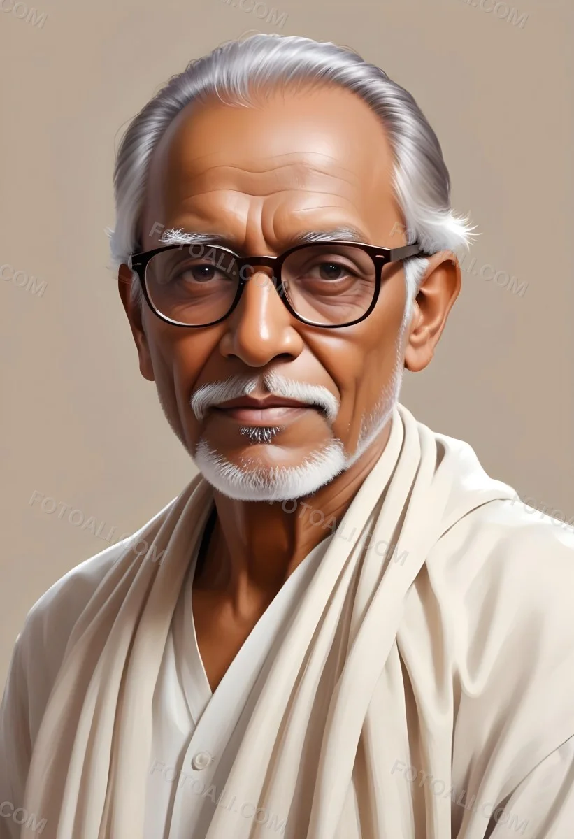 An Indian Man Age 70 With Light Brown Skin Brown Hair Wearing Round Glasses And A White Shawl Light Brown Background 35 A58b