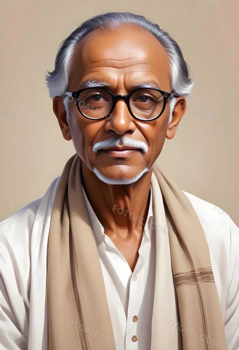 An Indian Man Age 70 With Light Brown Skin Brown Hair Wearing Round Glasses And A White Shawl Light Brown Background 39 C518