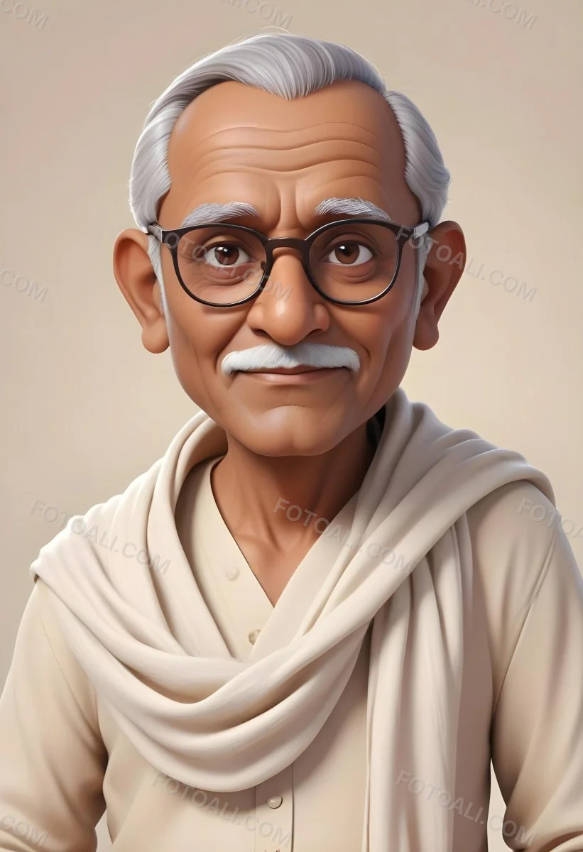 An Indian Man Age 70 With Light Brown Skin Brown Hair Wearing Round Glasses And A White Shawl Light Brown Background 70 7eac