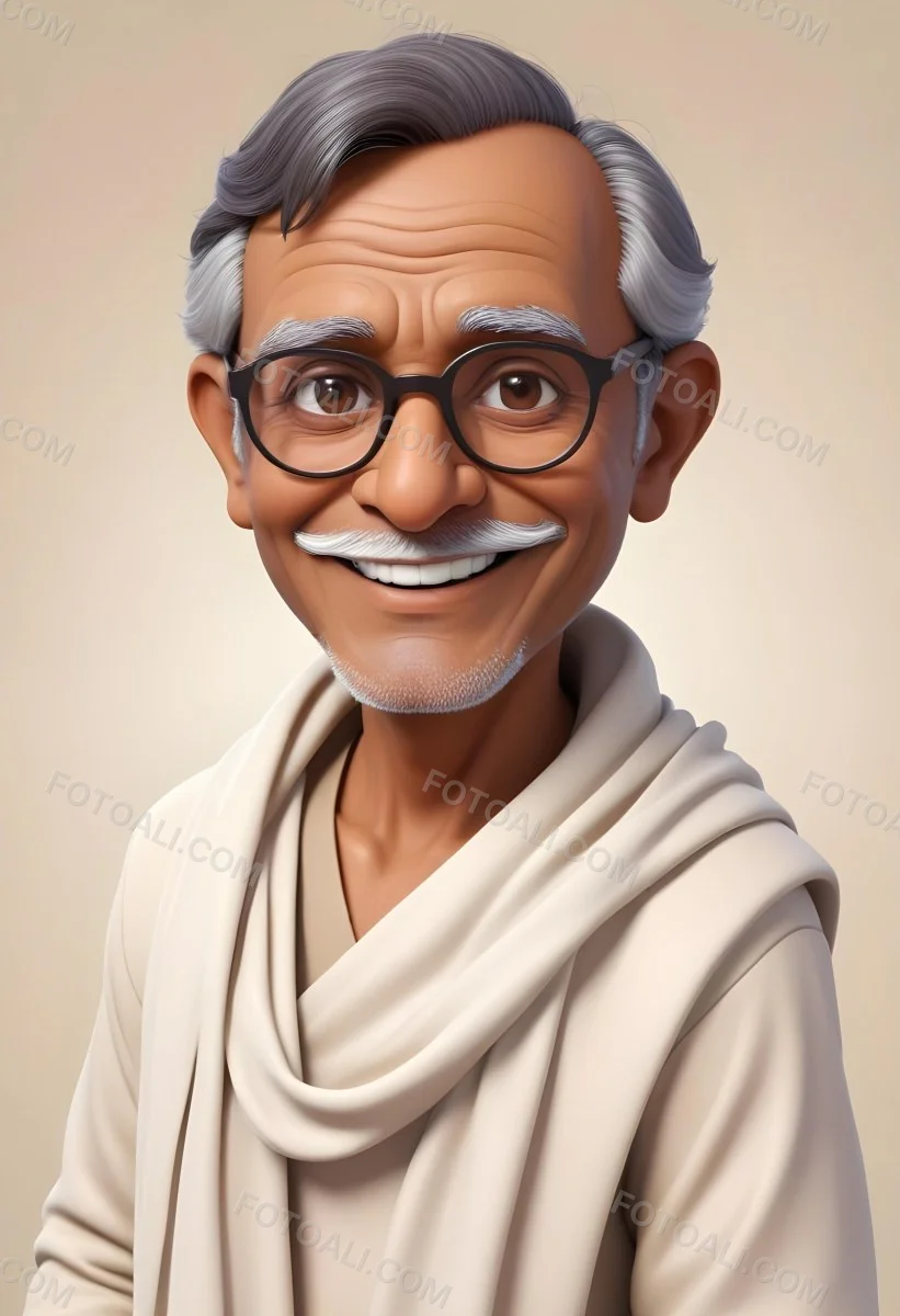 An Indian Man Age 70 With Light Brown Skin Brown Hair Wearing Round Glasses And A White Shawl Light Brown Background 73 F646