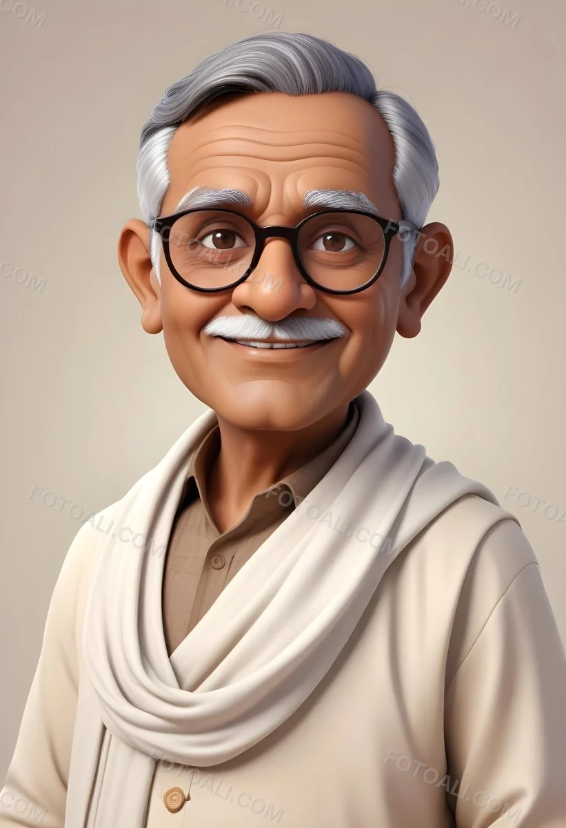 An Indian Man Age 70 With Light Brown Skin Brown Hair Wearing Round Glasses And A White Shawl Light Brown Background 79 8da8