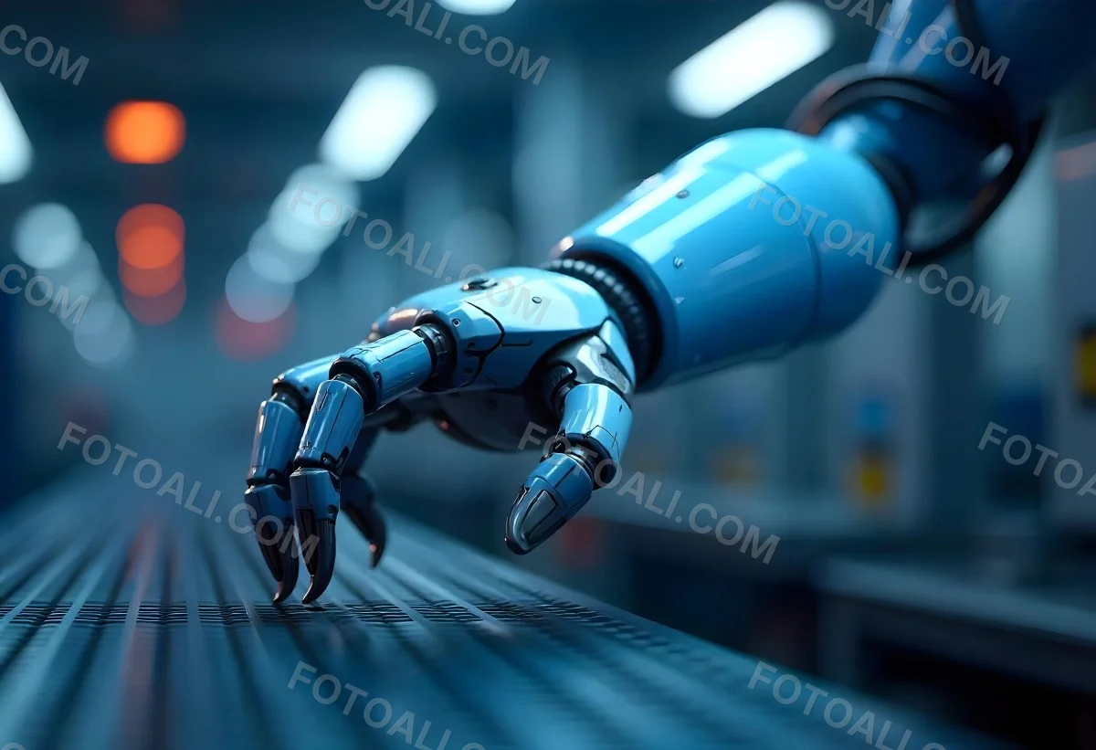An Industrial Robotic Arm With Metal Claws Blue And White Working On A Production Line In A Factory Bright Lights 2 2d82