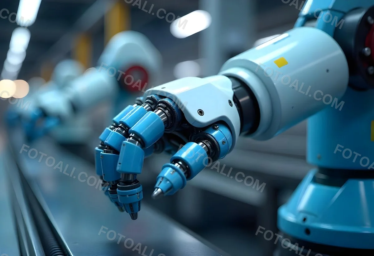 An Industrial Robotic Arm With Metal Claws Blue And White Working On A Production Line In A Factory Bright Lights 3 6bb5