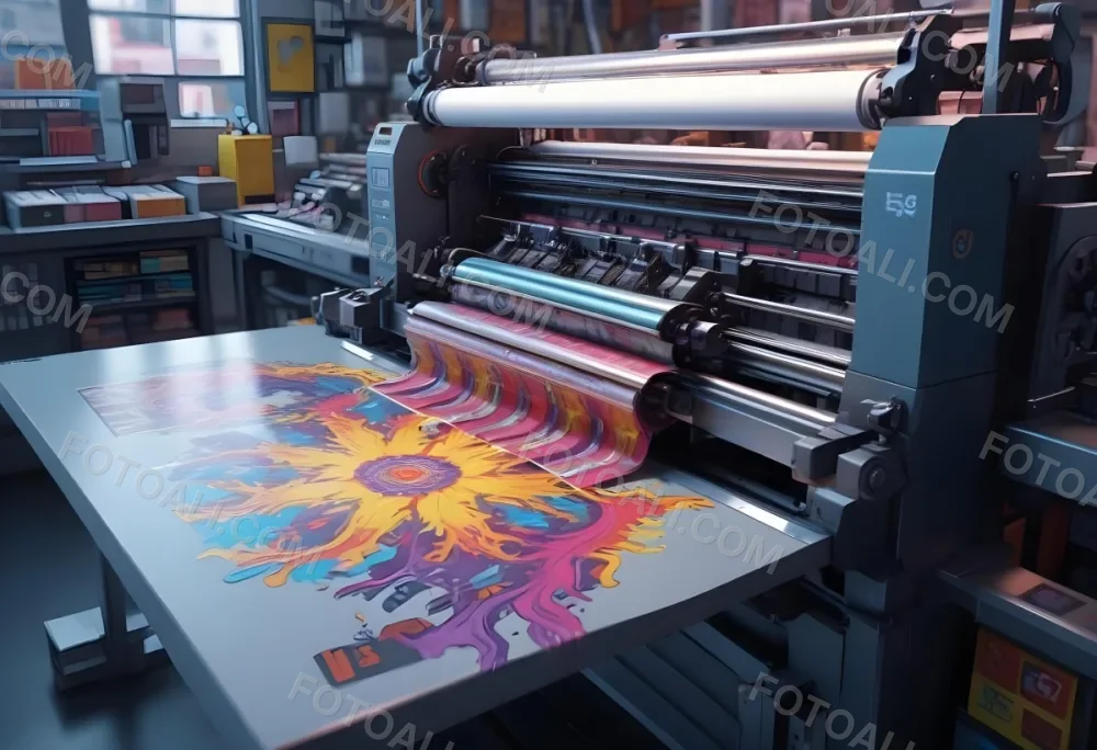An Offset Printing Machine In Operation With Vibrant Colors And Intricate Details Set Against A Backdrop Of A Busy Print Shop 1 95aa