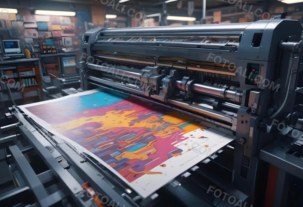 An Offset Printing Machine In Operation With Vibrant Colors And Intricate Details Set Against A Backdrop Of A Busy Print Shop 12 7804