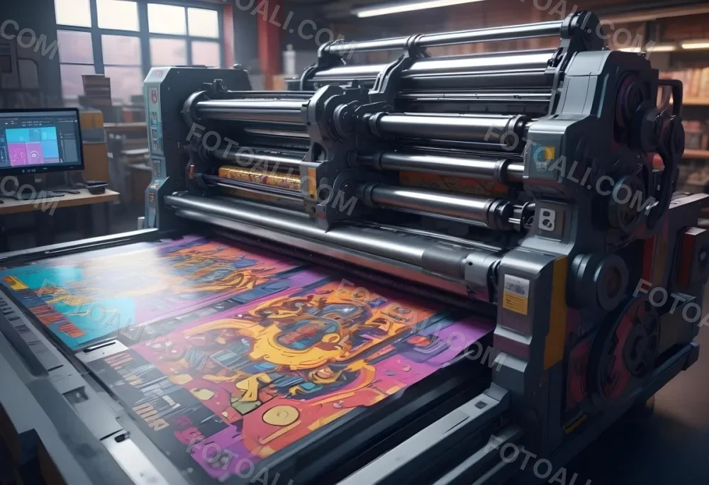 An Offset Printing Machine In Operation With Vibrant Colors And Intricate Details Set Against A Backdrop Of A Busy Print Shop 14 7a83