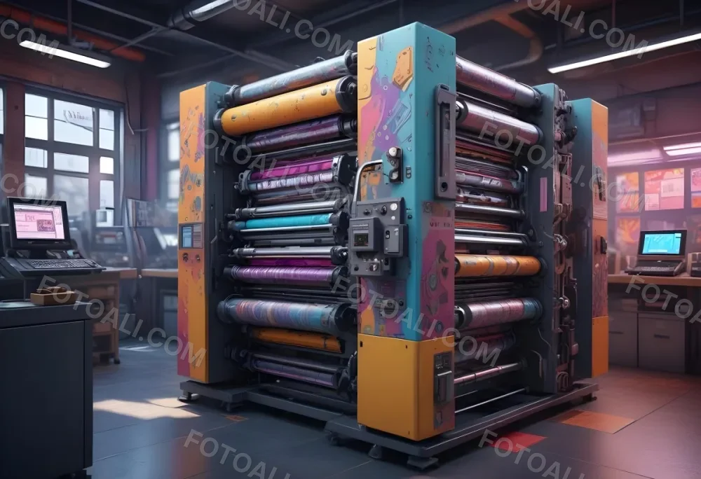 An Offset Printing Machine In Operation With Vibrant Colors And Intricate Details Set Against A Backdrop Of A Busy Print Shop 15 Ec30