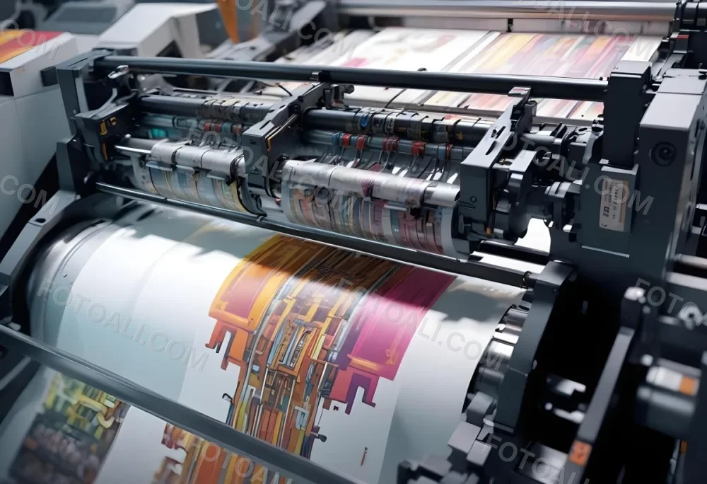 An Offset Printing Machine In Operation With Vibrant Colors And Intricate Details Set Against A Backdrop Of A Busy Print Shop 18 73c9