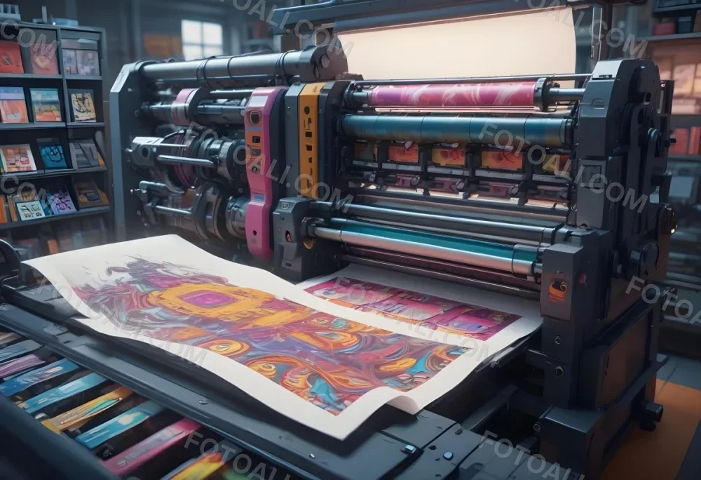 An Offset Printing Machine In Operation With Vibrant Colors And Intricate Details Set Against A Backdrop Of A Busy Print Shop 2 47e8