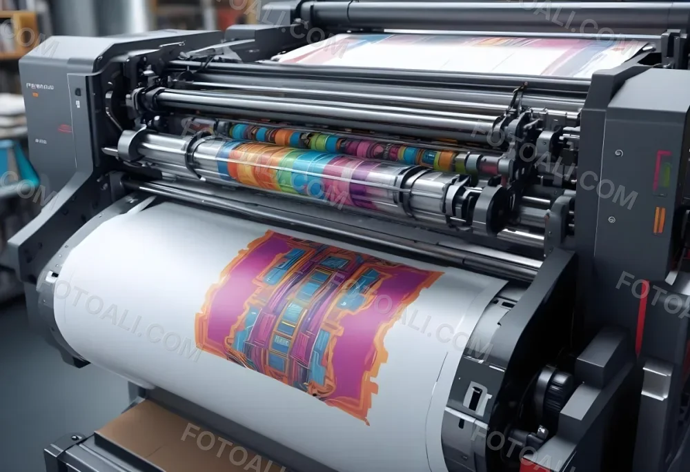 An Offset Printing Machine In Operation With Vibrant Colors And Intricate Details Set Against A Backdrop Of A Busy Print Shop 20 C334