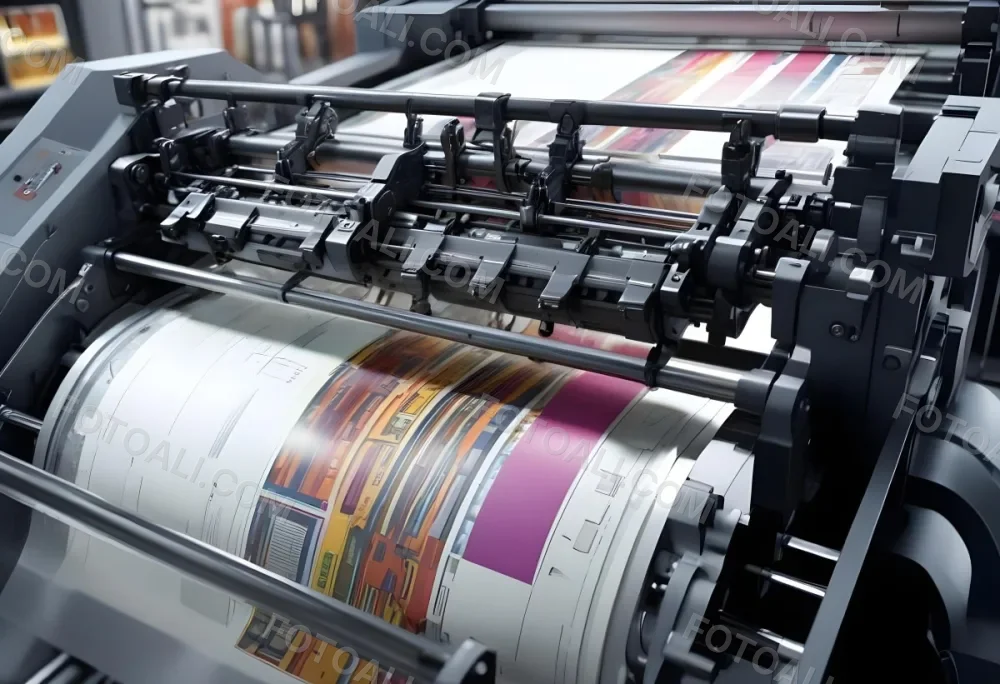 An Offset Printing Machine In Operation With Vibrant Colors And Intricate Details Set Against A Backdrop Of A Busy Print Shop 22 66ad