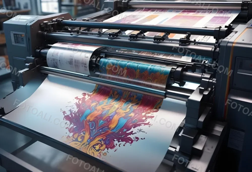 An Offset Printing Machine In Operation With Vibrant Colors And Intricate Details Set Against A Backdrop Of A Busy Print Shop 3 5117
