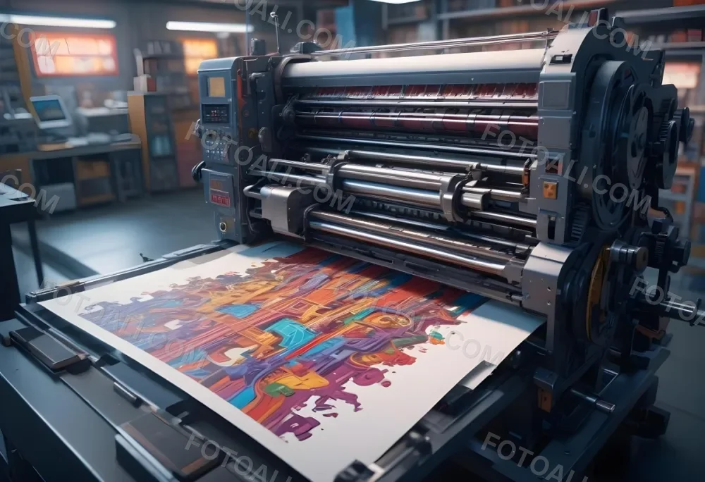 An Offset Printing Machine In Operation With Vibrant Colors And Intricate Details Set Against A Backdrop Of A Busy Print Shop 4 C667